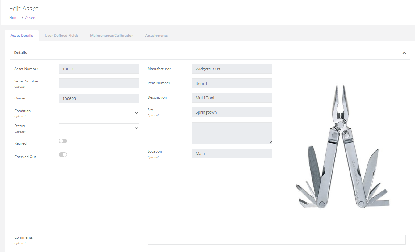 Edit Asset page Asset Details tab with editable Condition and Status fields and read-only asset and item details