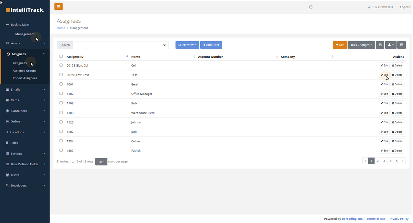 Assignees page with the pointer on the Edit button for an existing assignee