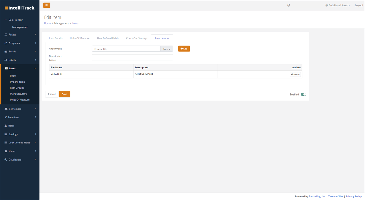 Edit Item page on the Attachments tab, with Doc2.docx listed in the attachment grid with a Delete button