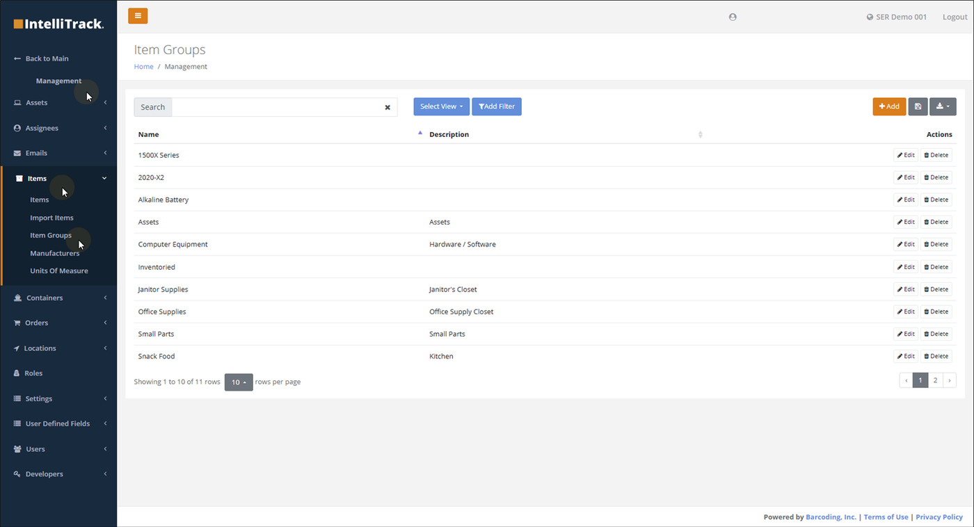 Item Groups page opened from Management > Items > Item Groups, listing groups with Edit and Delete buttons