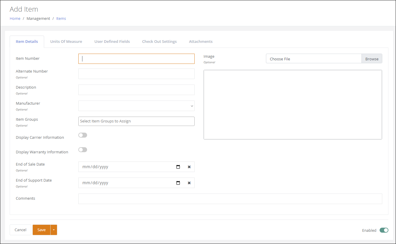 Add Item page on the Item Details tab, showing Item Number, Manufacturer, Item Groups, end-of-sale and support dates and Image