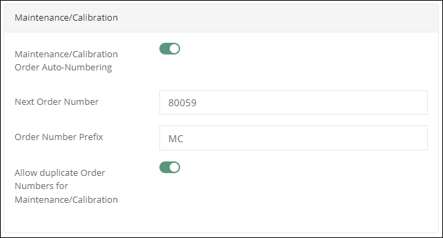 Maintenance/Calibration tenant settings with order auto-numbering on, Next Order Number 80059 and prefix MC
