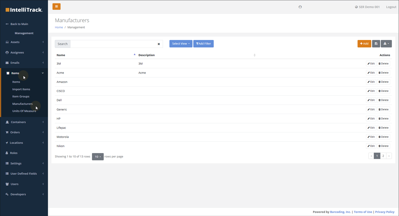 Manufacturers page opened from Management > Items > Manufacturers, listing manufacturers with Edit and Delete buttons