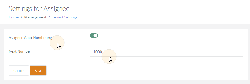 Settings for Assignee page with Assignee Auto-Numbering turned on and Next Number set to 1000