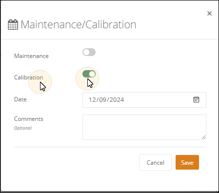 Maintenance/Calibration popup with the Calibration toggle switched on, a Date field and optional Comments