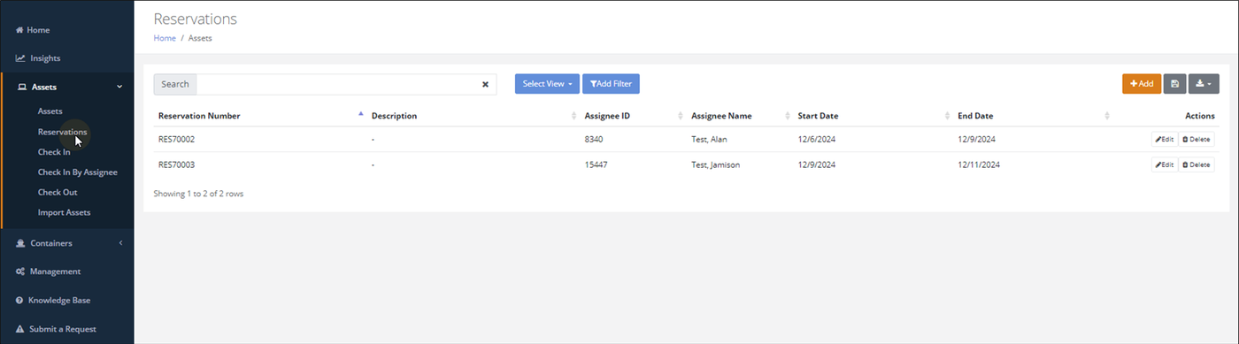 Reservations page listing two reservations with assignee and date range, each row with Edit and Delete buttons