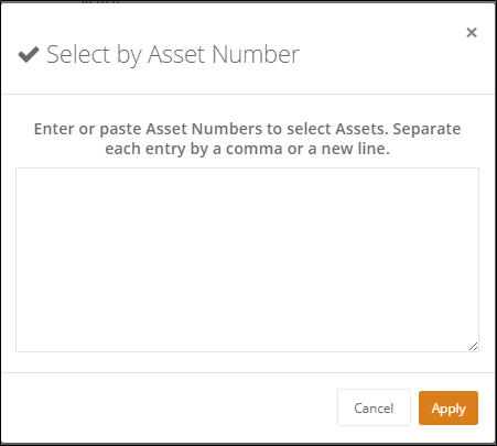 Empty Select by Asset Number popup asking for asset numbers separated by a comma or a new line