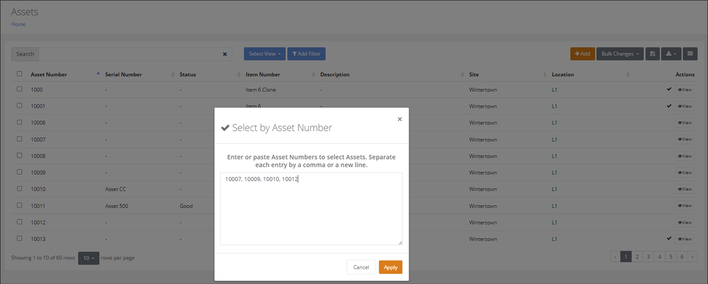 Select by Asset Number popup with four comma-separated asset numbers entered, ready to Apply