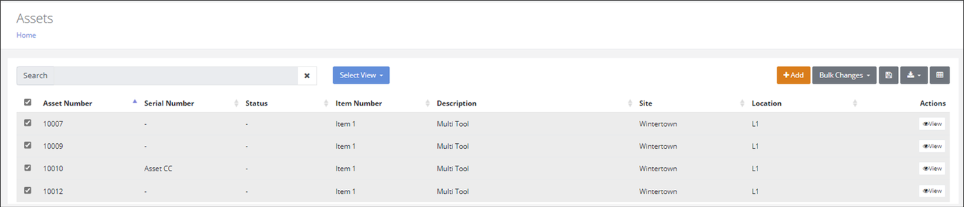 Assets page showing only the four assets entered in the popup, each with its checkbox marked