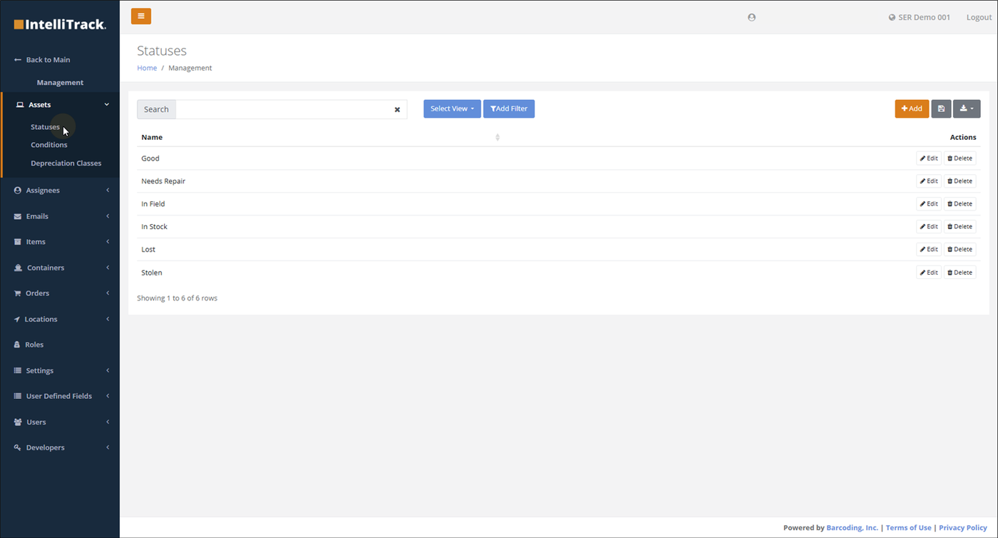 Statuses page opened from Management > Assets > Statuses, listing statuses such as Good, In Stock, Lost and Stolen