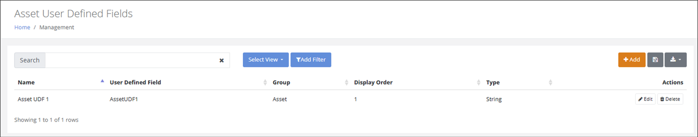 Asset User Defined Fields page listing Asset UDF 1 in group Asset with type String, and an Add button