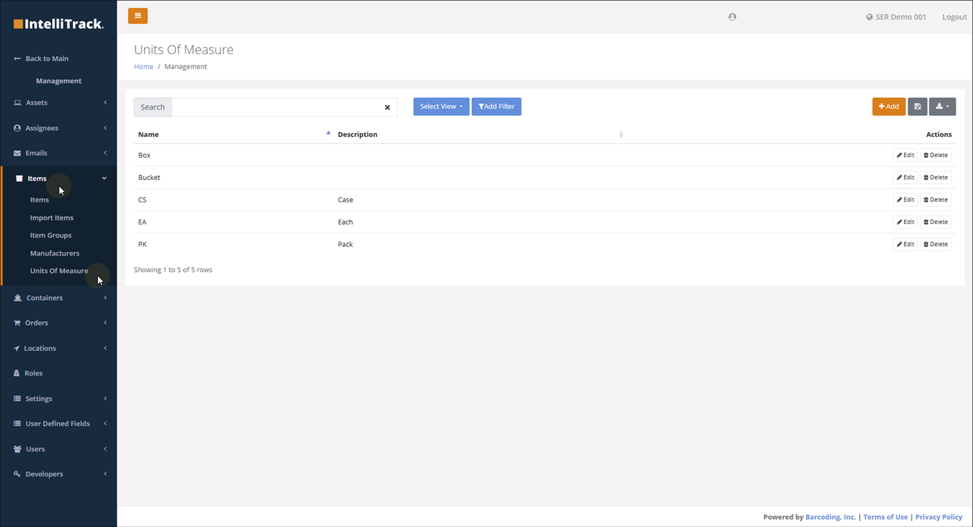 Units Of Measure page opened from Management > Items, listing Box, Bucket, CS, EA and PK