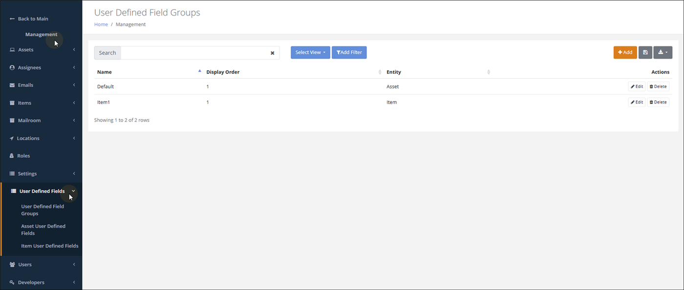 User Defined Field Groups page with the Management menu's User Defined Fields submenu expanded to show its three options