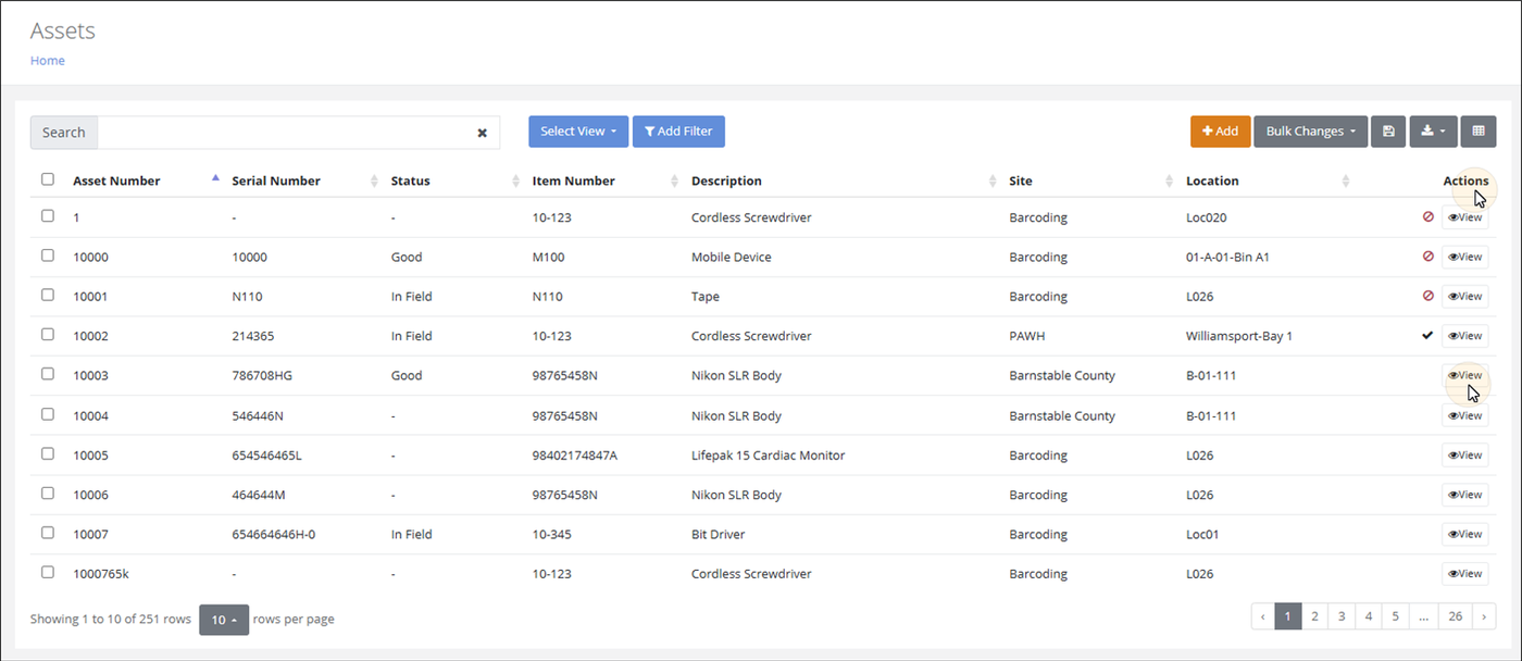 Assets page grid with the cursor on the View button in the Actions column of an asset row