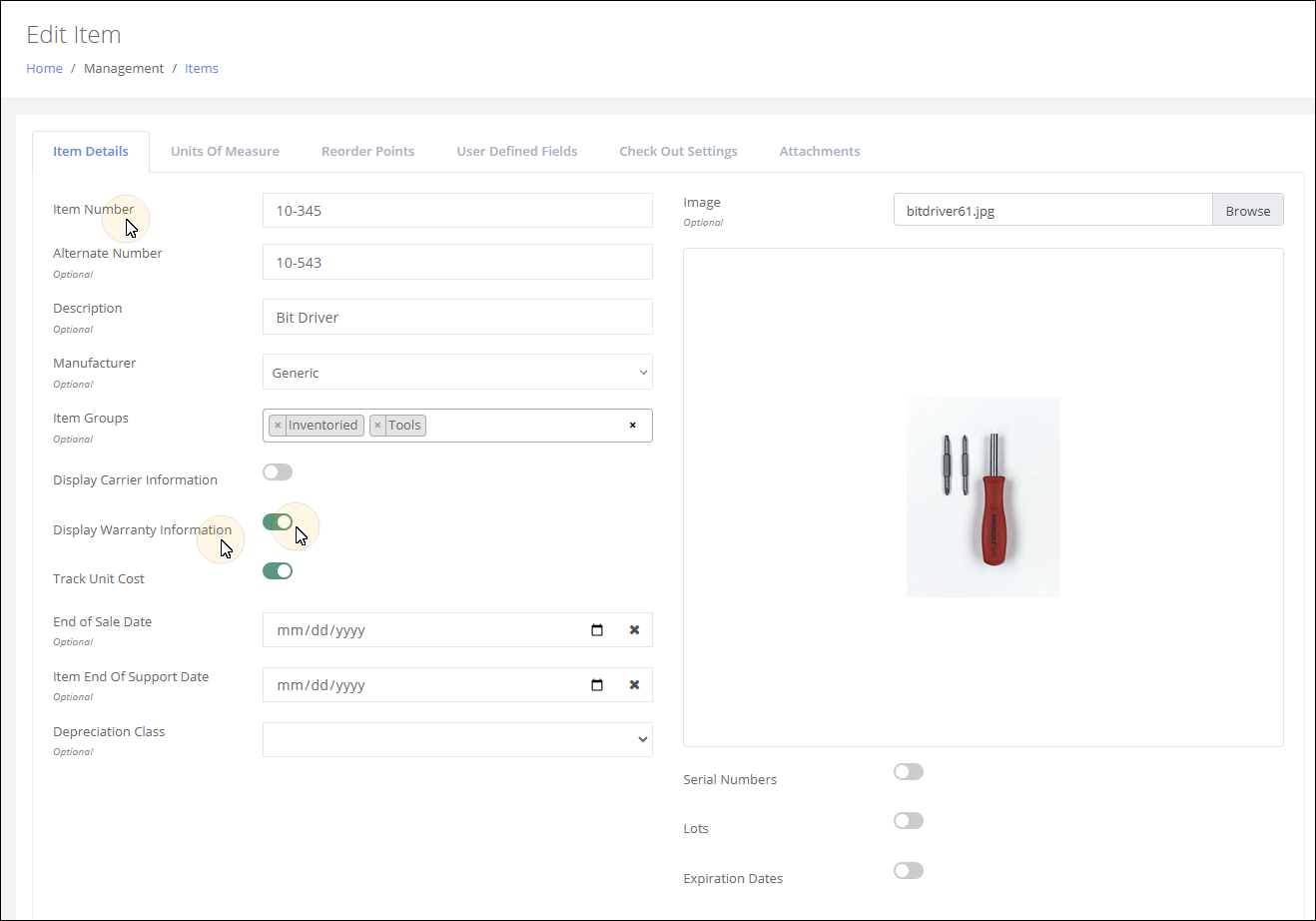 Edit Item page Item Details tab with the Display Warranty Information toggle switched on