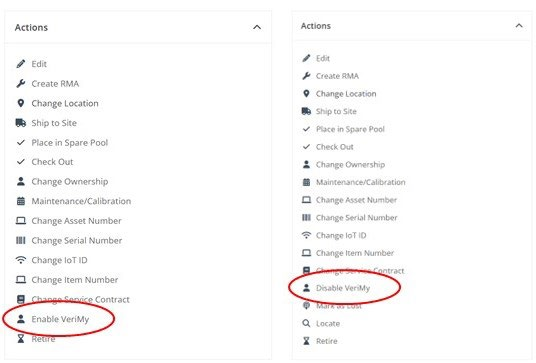 Toggling VeriMy settings in the Action Menu: the Actions menu with Enable VeriMy circled, and the same menu with Disable VeriMy circled