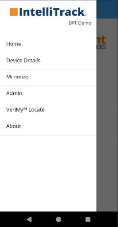 Expanded Hamburger Menu in the VeriMy app with Home, Device Details, Minimize, Admin, VeriMy Locate and About
