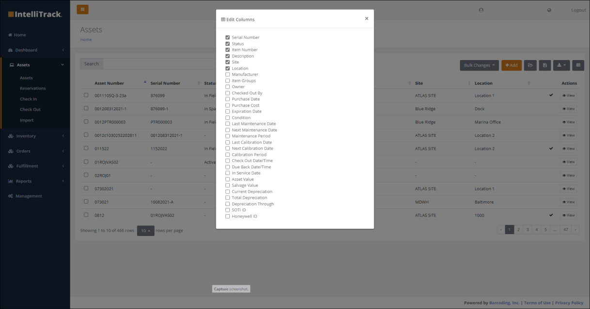 Edit Columns selection dialog