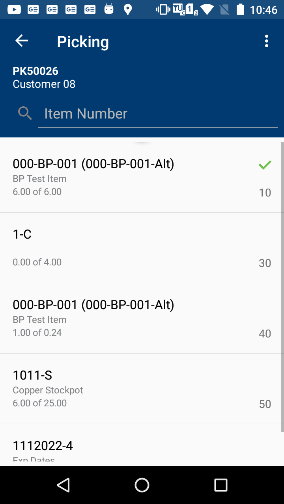 Picking screen in the mobile application