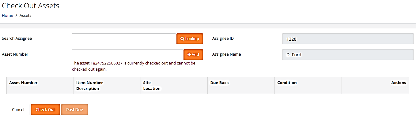 Check Out Assets page showing the checkout restriction alert