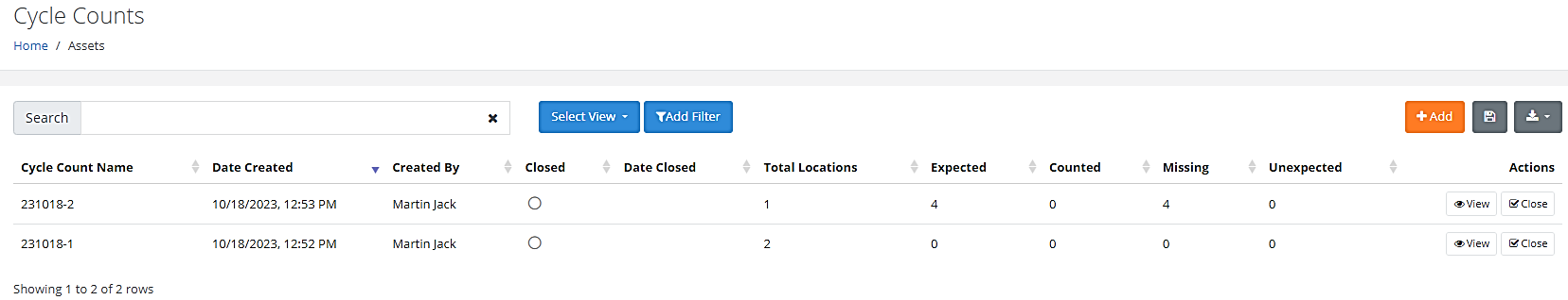 Cycle Counts list