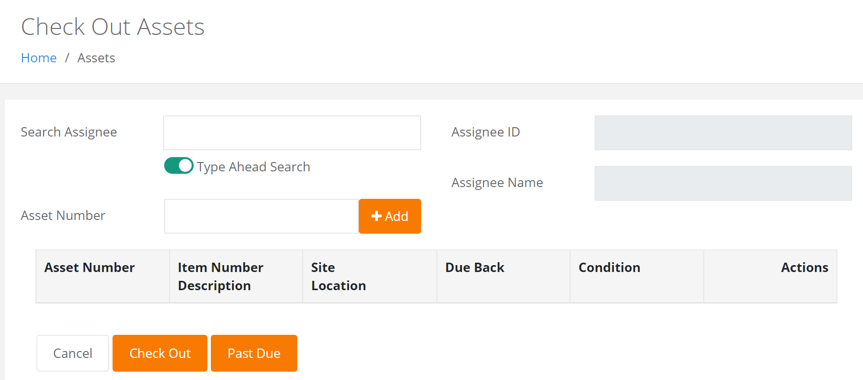 Check Out Assets page with the Type Ahead Search toggle
