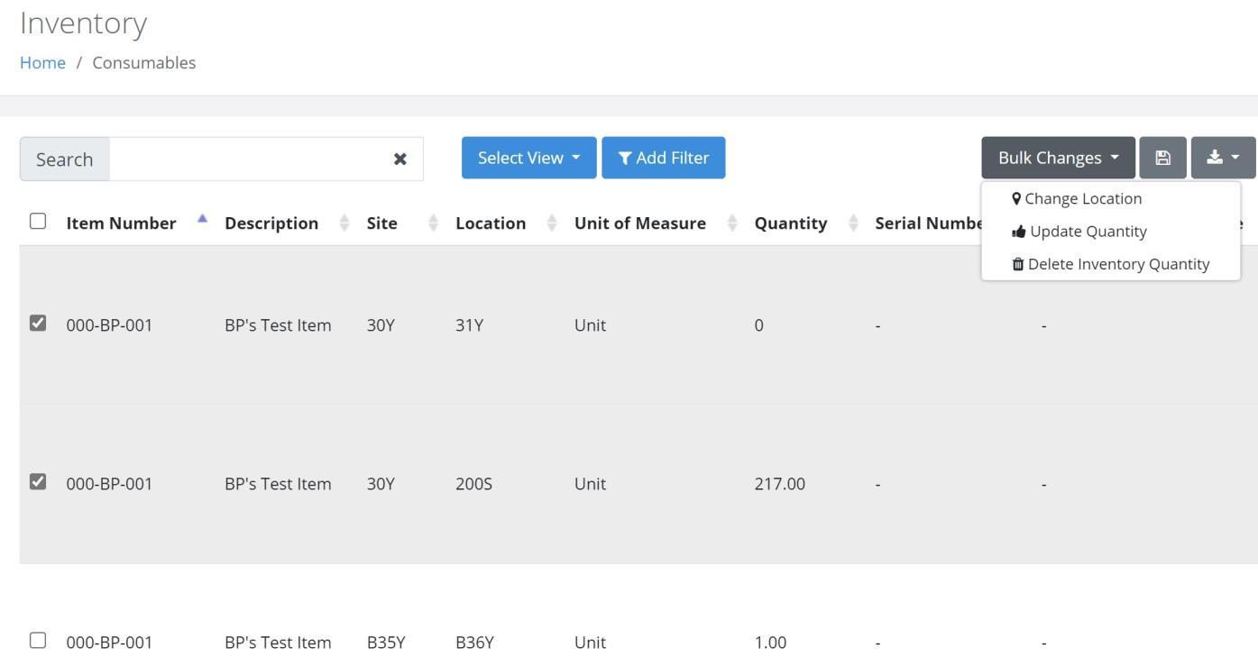 Inventory page with the Bulk Changes menu open showing Delete Inventory Quantity