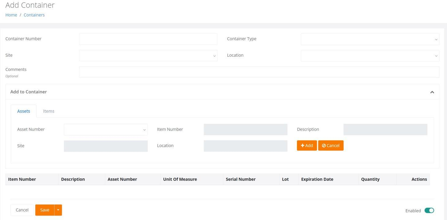 Add Container page with the Add to Container section