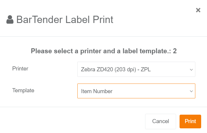 BarTender Label Print dialog with printer and template selection