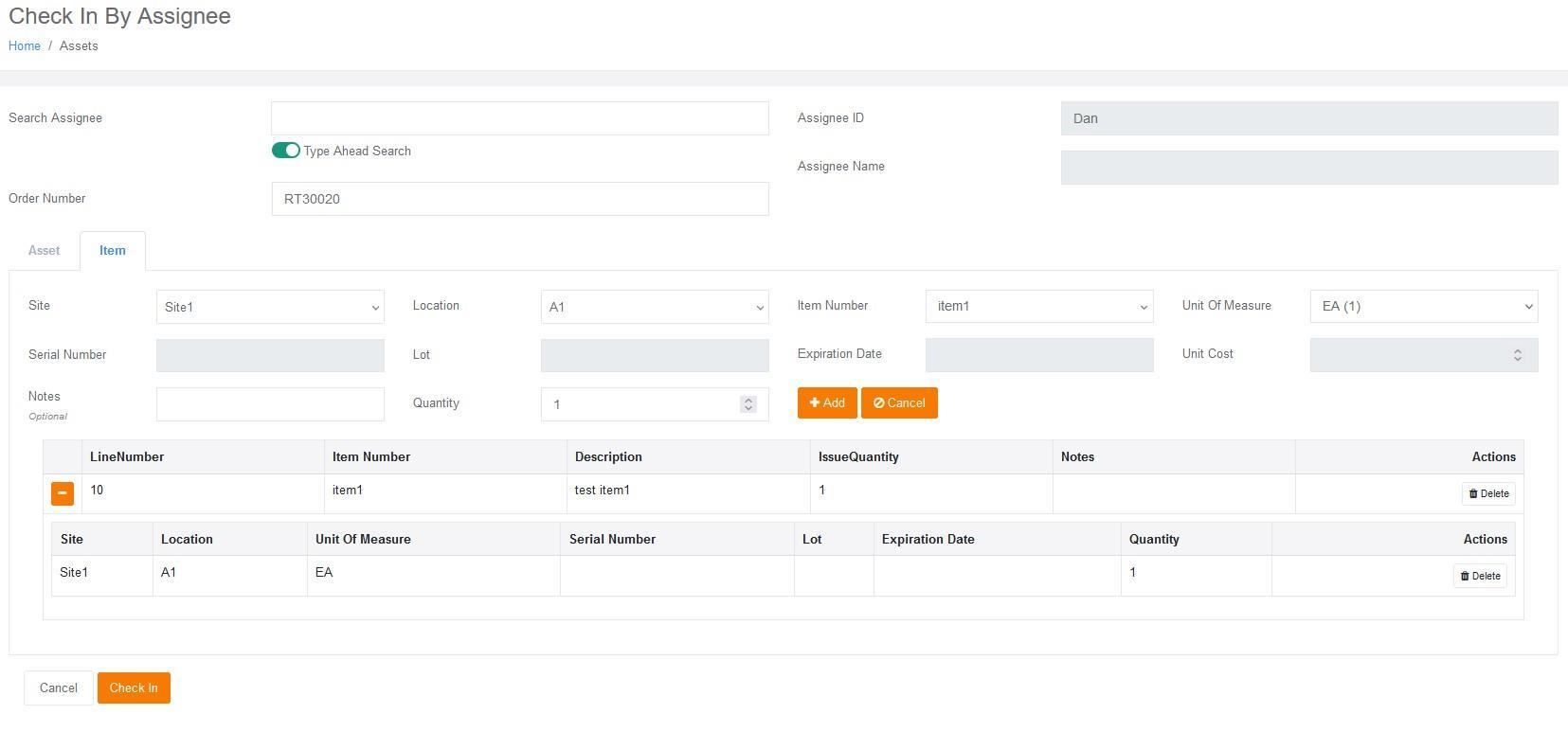 Check In By Assignee page with the Item tab selected for an Item Return
