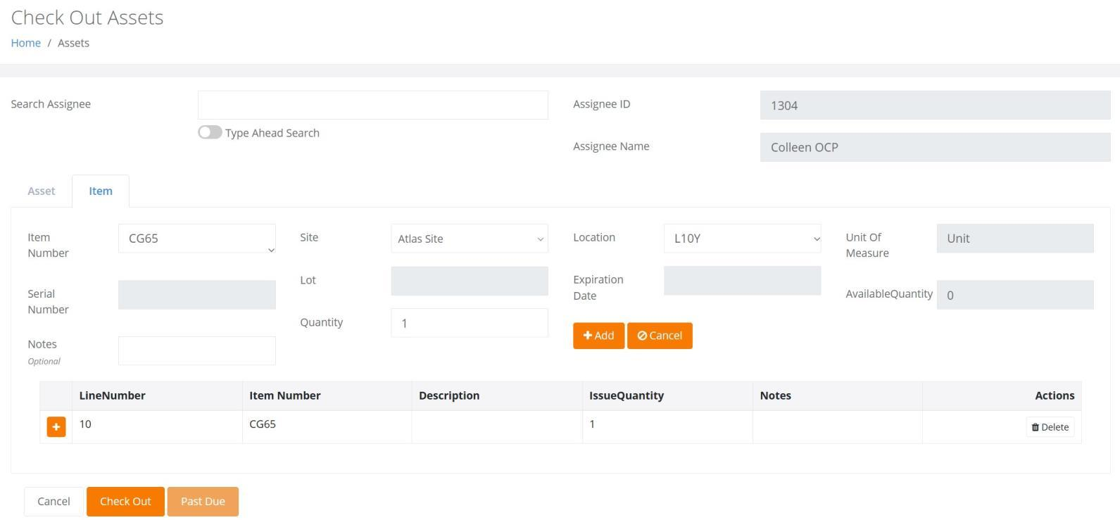 Check Out Assets page with the Item tab selected for an Item Issue
