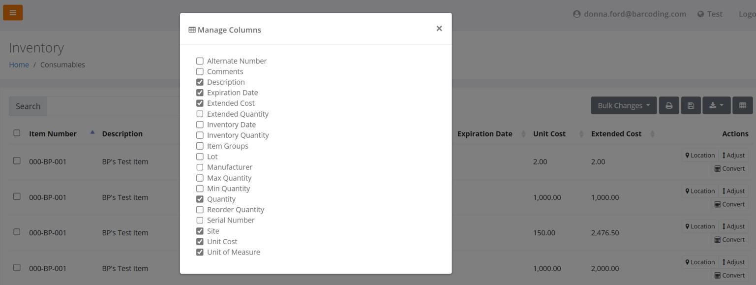 Inventory page with the Manage Columns dialog showing Unit Cost and Extended Cost