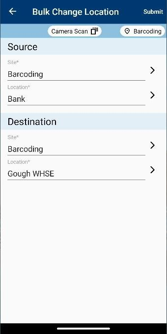 Bulk Change Location screen with the Camera Scan option