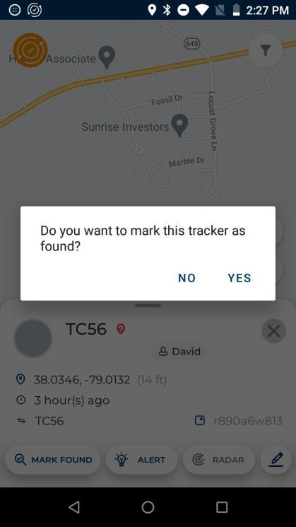 Prompt to mark a tracker as found