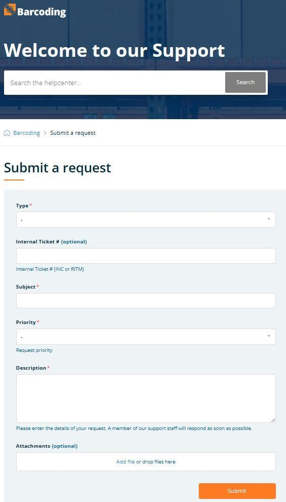 Submit a request page in Zendesk