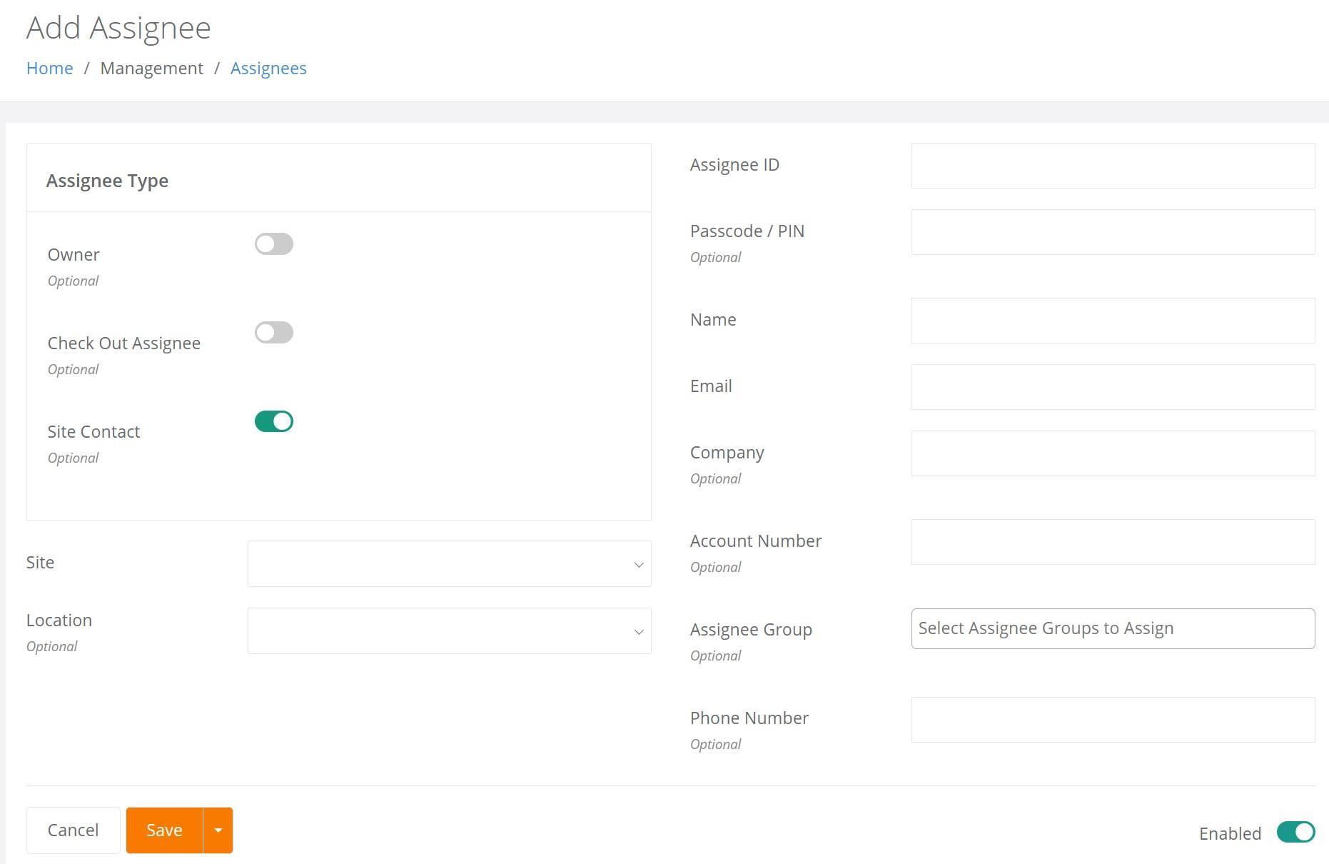 Add Assignee page with the Site Contact option toggled On