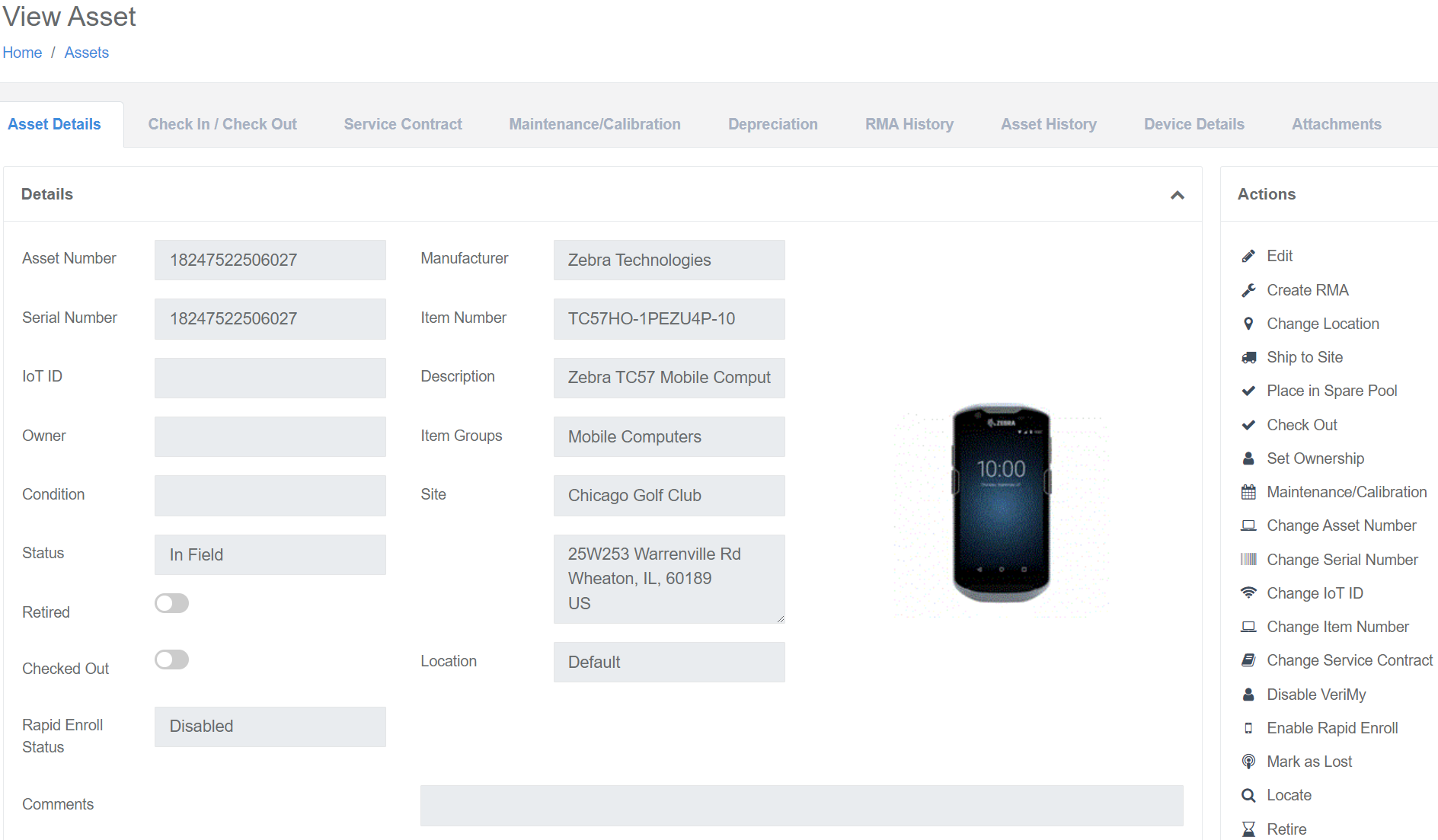 View Asset page with the Mark as Lost action
