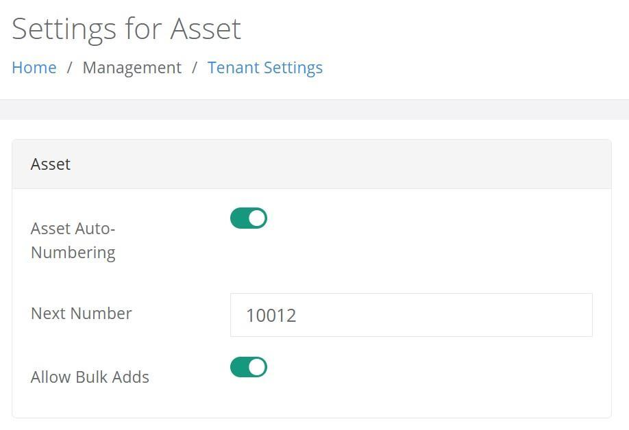 Settings for Asset page with Asset Auto-Numbering and Allow Bulk Adds toggled on