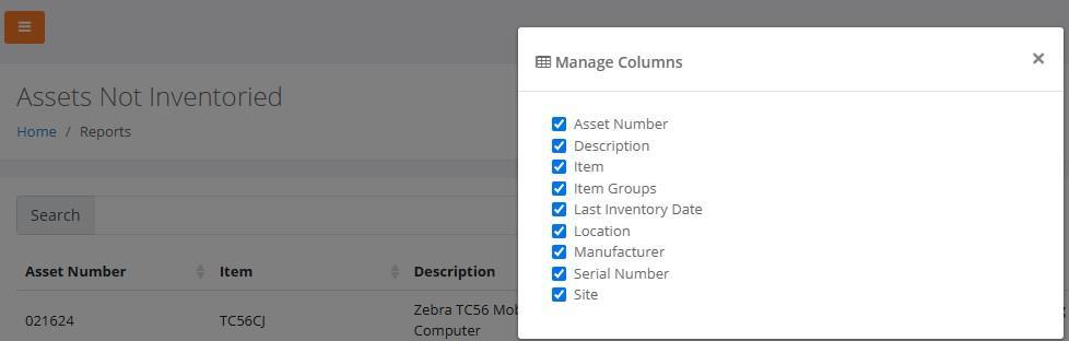 Assets Not Inventoried report with the Manage Columns dialog showing Last Inventory Date