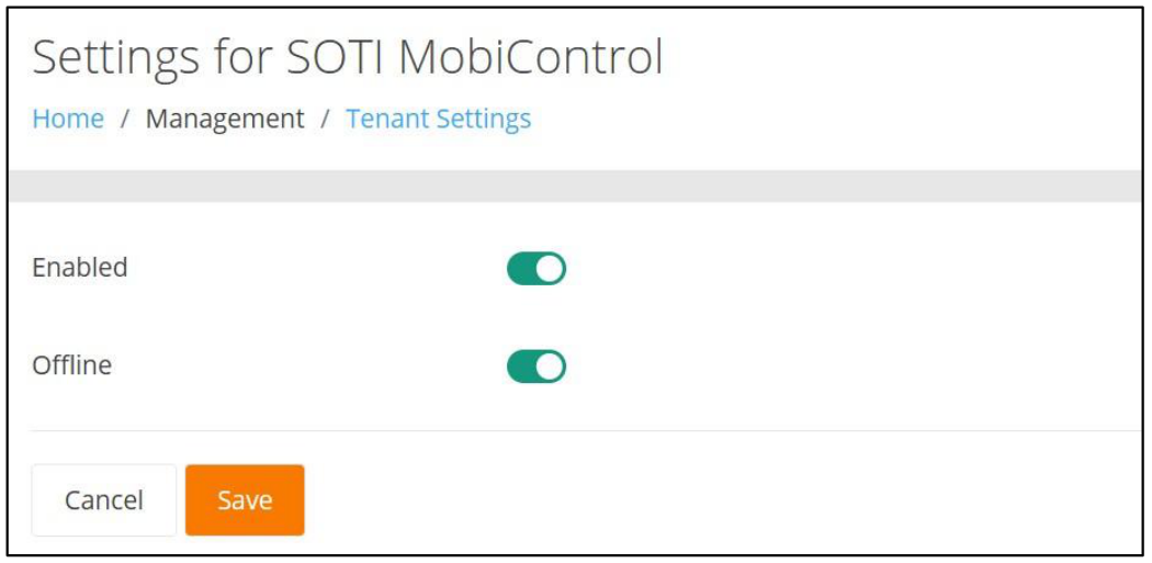 Settings for SOTI MobiControl page with the Enabled and Offline toggles