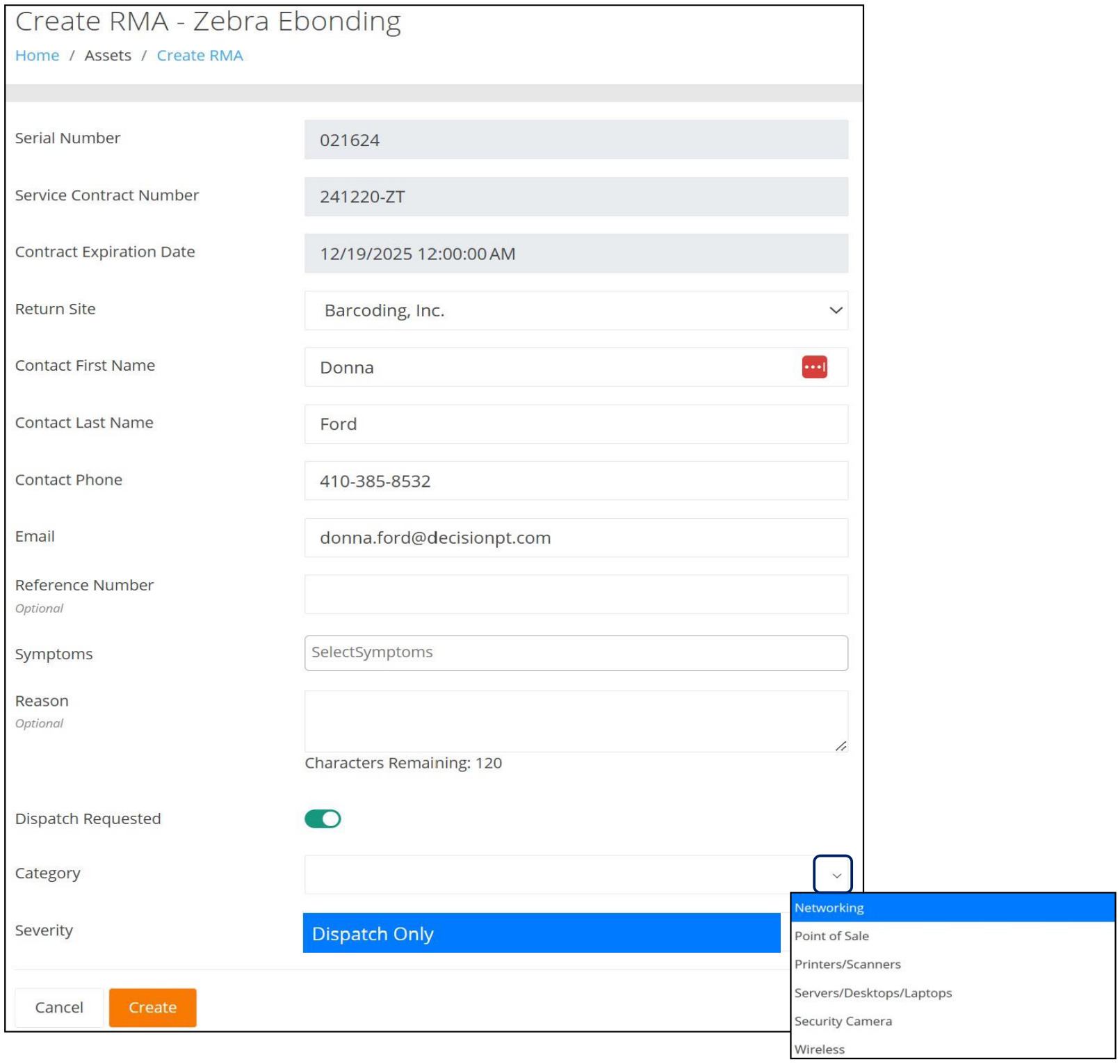 Create RMA form with the Dispatch Requested toggle on and the Category dropdown open