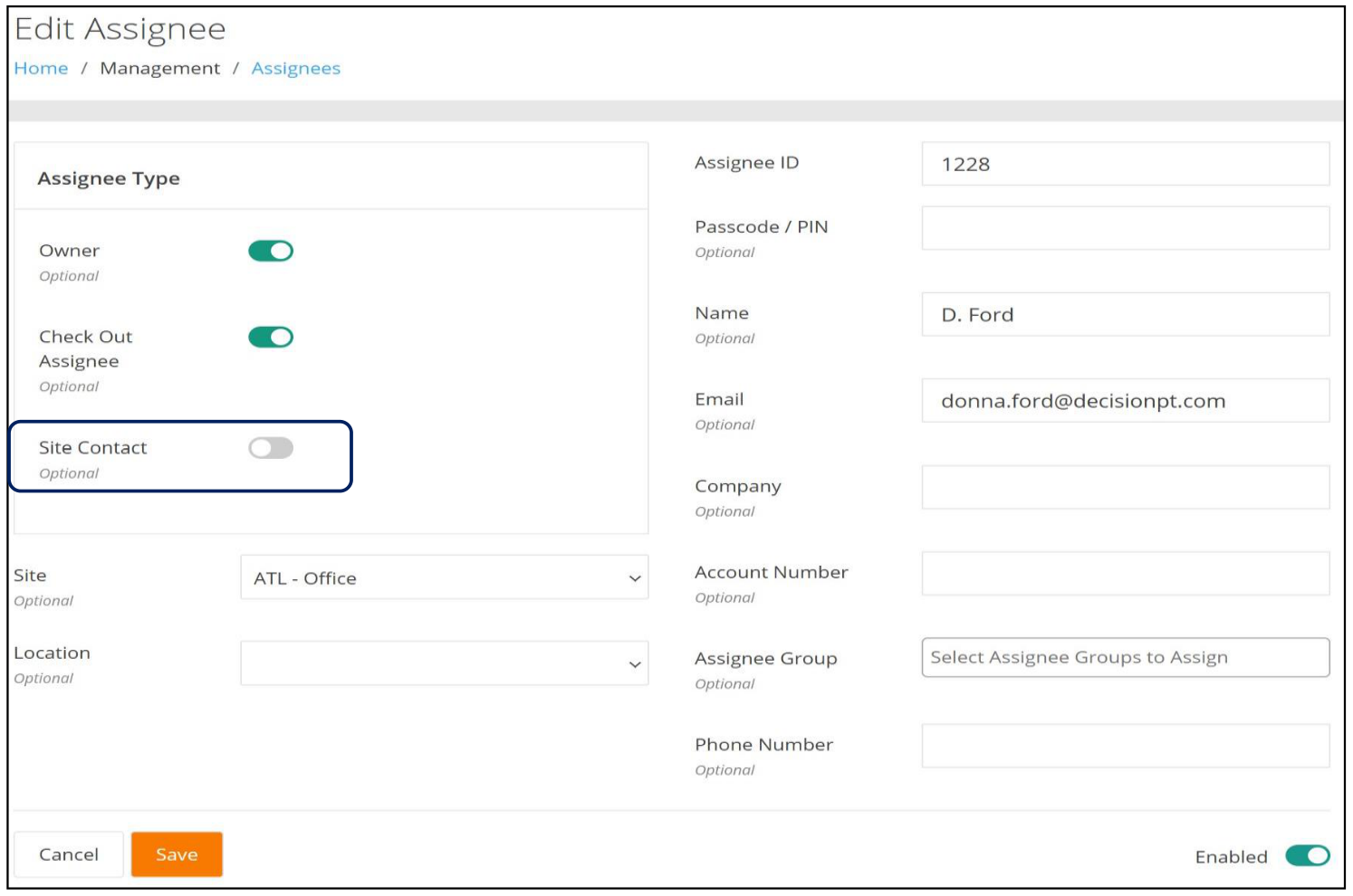 Edit Assignee page with the Site Contact toggle disabled