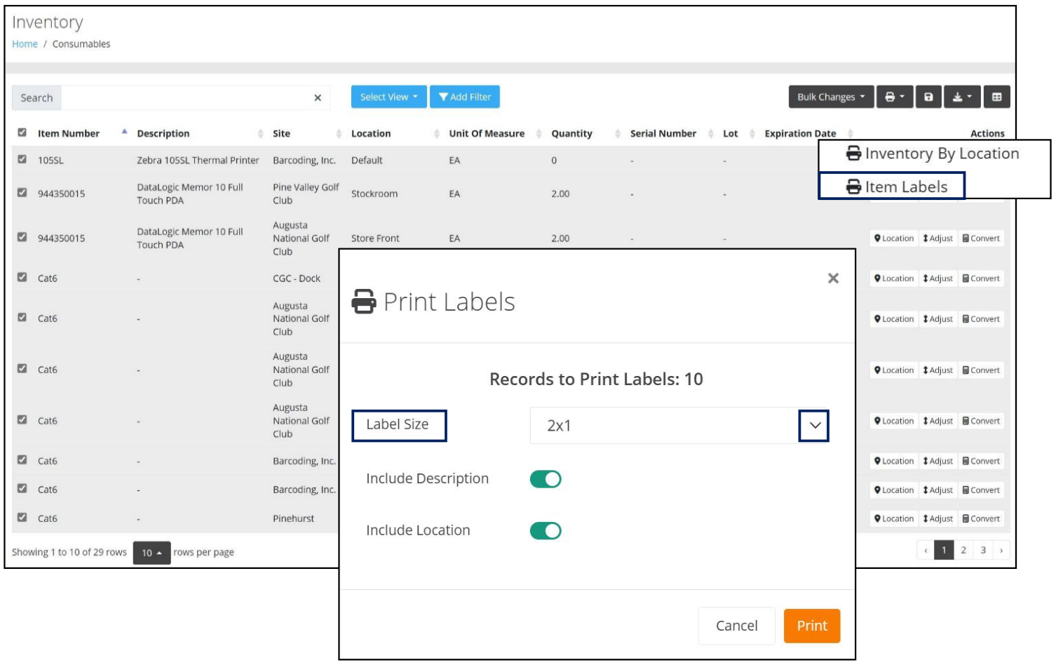 Inventory page with the Item Labels print option and the Print Labels popup
