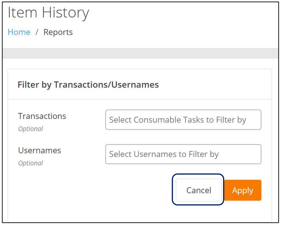 Item History report with the Filter by Transactions/Usernames dialog and its Cancel button