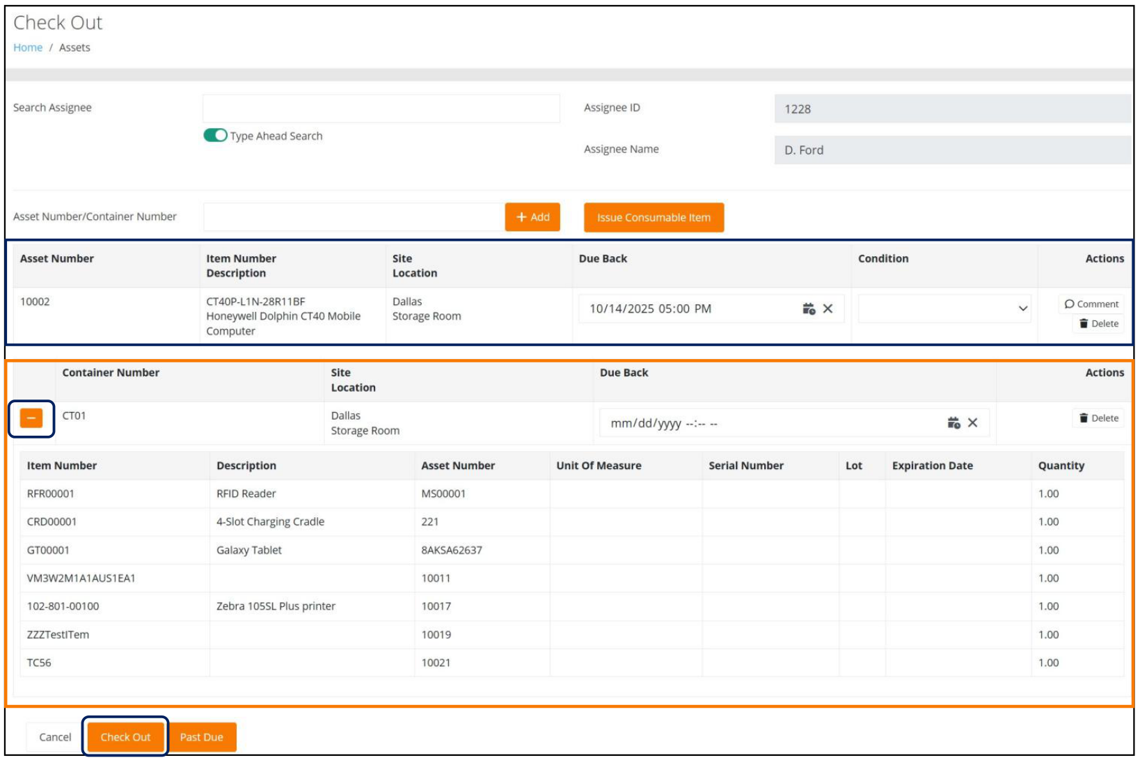 Check Out page with an Asset table and an expanded Container table showing its contents