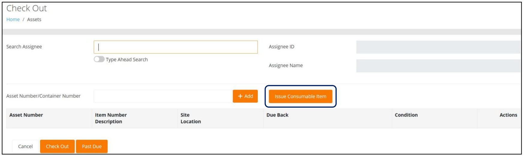 Check Out page with the Issue Consumable Item button highlighted