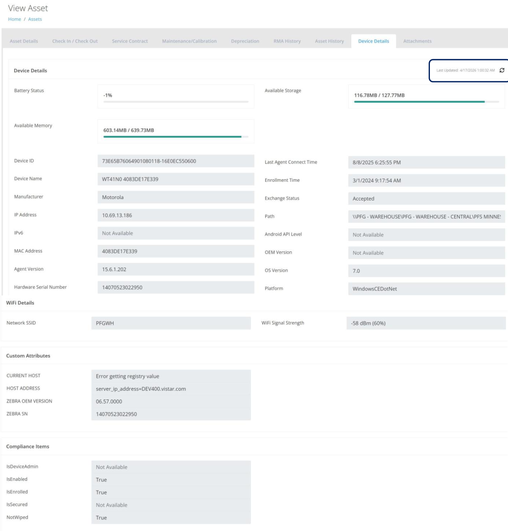 View Asset Device Details page with the Last Updated sync information highlighted