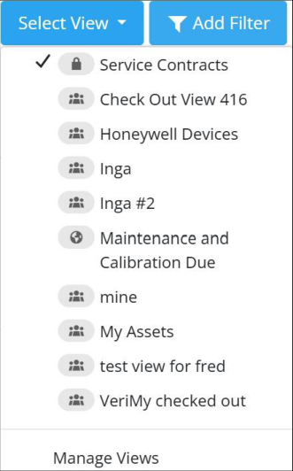 Select View drop-down list with access-level icons next to each View Name